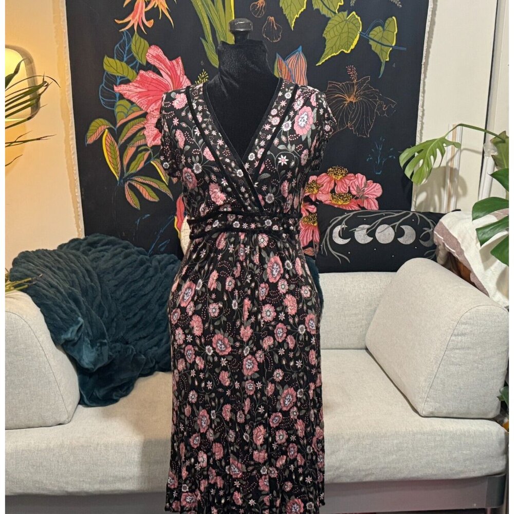R V-Neck Flutter Sleeve Floral Print Parisian Empire Dress, Black & Pink, US 10